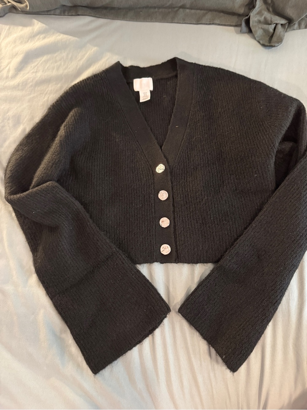 H&M Black Cropped Knit Cardigan with Silver Buttons